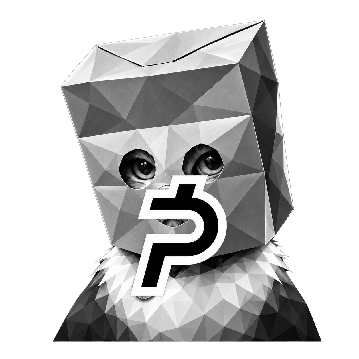 $PAIDONZ character — faceted paper-bag head with cat eyes and a bold P